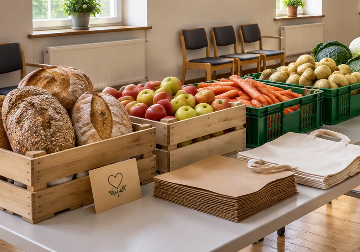 Kisten mit Brot, Obst und Gemüse auf dem Ausgabetisch